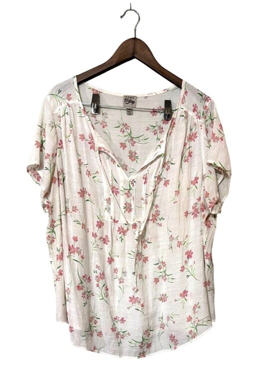 Como Vintage Tops - Como Vintage Floral Print White Blouse With Tie Neck & Short Sleeves 3X Womens T